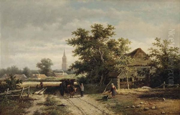 An Ox-drawn Cart On A Country Path Oil Painting by Georgius Heerebaart