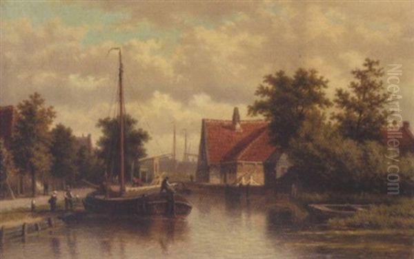 Dutch Canal Scene Oil Painting by Georgius Heerebaart