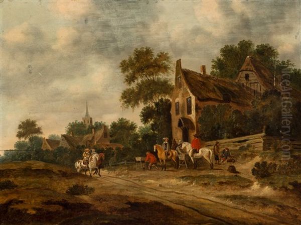 Village View With Horseman In Front Of A Tavern [thomas Heeremans And Studio] by Thomas Heeremans