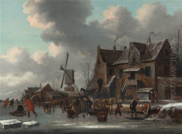 Winter Scene With Skaters On A Frozen Canal Oil Painting by Thomas Heeremans