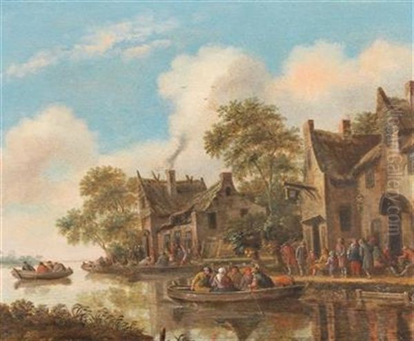 River Landscape With Ferry Boats And A Tavern Oil Painting by Thomas Heeremans