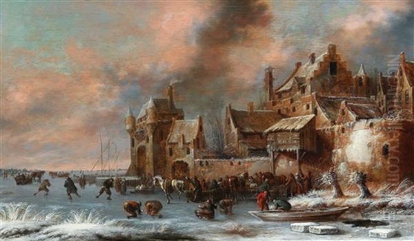 A Winter Landscape With Ice Skaters Outside The Gates Of A Town Oil Painting by Thomas Heeremans