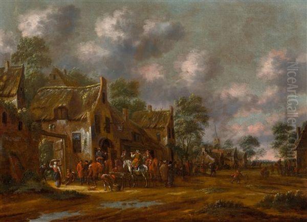 Travellers Resting In A Village Oil Painting by Thomas Heeremans