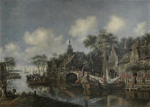 A Town By A Canal With Figures And Boats In The Foreground, A Church Beyond Oil Painting by Thomas Heeremans