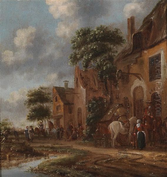 Outside A Tavern Oil Painting by Thomas Heeremans