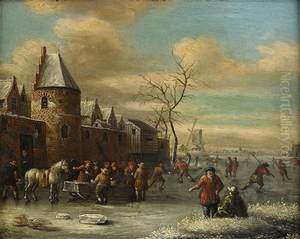 Charriot And Skaters On A Frozen River Oil Painting by Thomas Heeremans