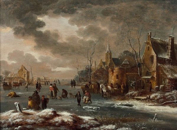 Patineurs Sur Une Riviere Gelee Oil Painting by Thomas Heeremans