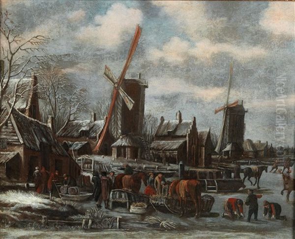 A Winter Landscape With A Village And Windmills Oil Painting by Thomas Heeremans