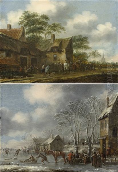 A Pair Of Pendants: A Winter Landscape With Skaters / A Village Scene With Figures Before An Inn Oil Painting by Thomas Heeremans