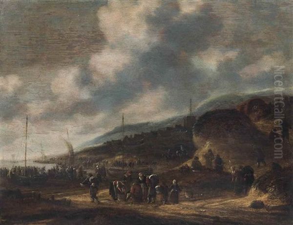 Figures Gathered By Boats On A Shore, A Group Distributing Fish, And A Wagon Travelling On A Path Oil Painting by Thomas Heeremans