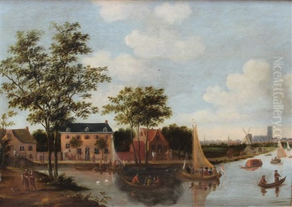 Het Zwanenwater Bij Rotterdam Met Gezicht Op De Stad Vanuit Het Noorden Oil Painting by Thomas Heeremans