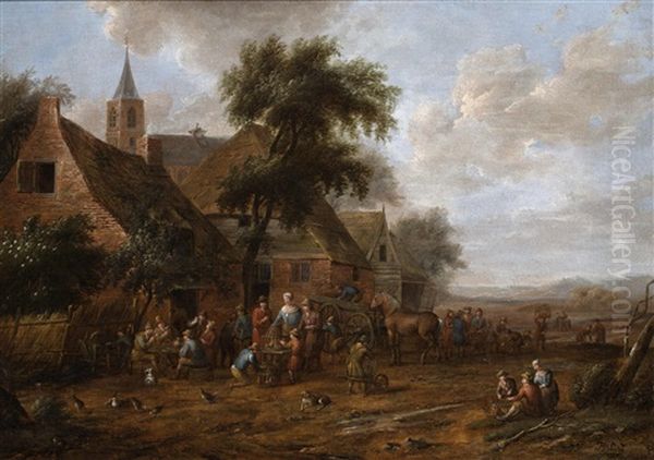 Women Selling Ducks And Poultry Near A Group Of Houses Oil Painting by Thomas Heeremans