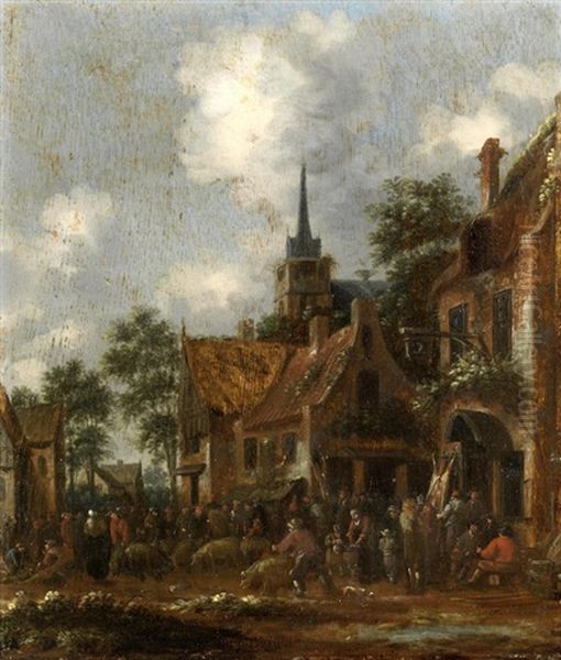 A Meat Market; And Figures Outside An Inn (2 Works) Oil Painting by Thomas Heeremans