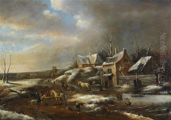 A Winter Landscape With Figures On A Path Oil Painting by Thomas Heeremans