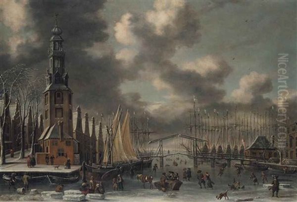 Winter Landscape With The Montelbaanstoren, Amsterdam Oil Painting by Thomas Heeremans