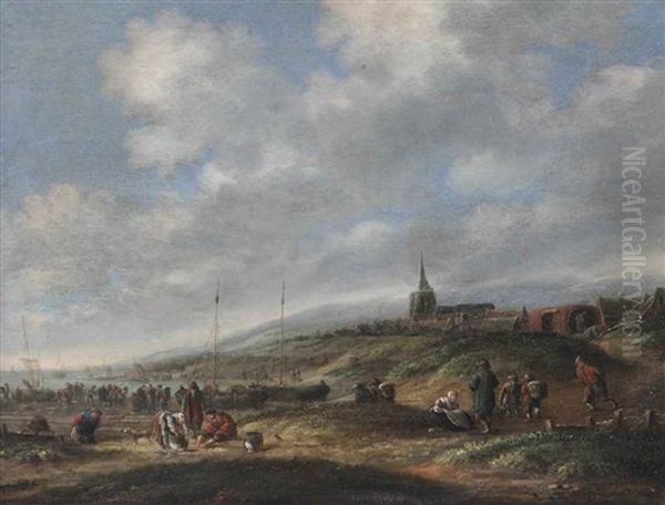 A View Of Katwijk With Numerous Figures On The Beach Oil Painting by Thomas Heeremans