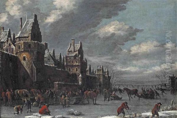 A Winter Landscape With Townsfolk Skating, Riding Sleighs And Conversing On A Frozen Moat Oil Painting by Thomas Heeremans