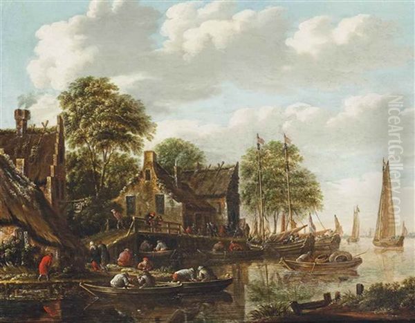 A River Landscape With Fishermen On Boats And Other Shipping Vessels Oil Painting by Thomas Heeremans