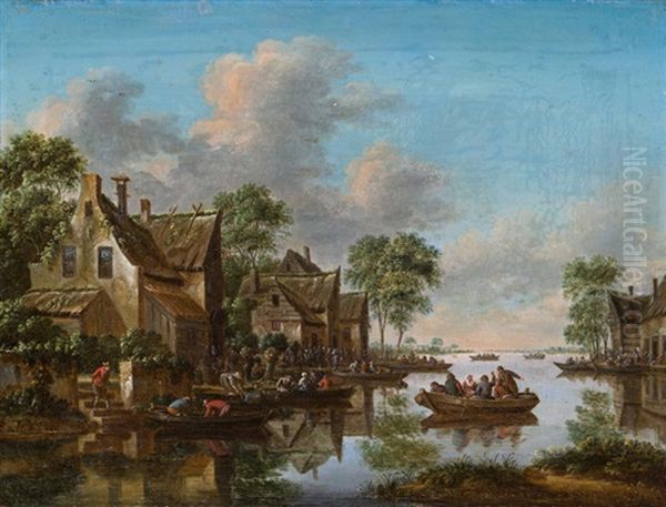 Dorf An Einem Fluss Mit Booten Oil Painting by Thomas Heeremans