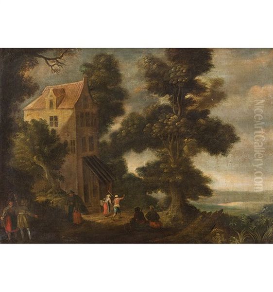 Baumlandschaft Mit Haus Und Figurenstaffage Oil Painting by Thomas Heeremans