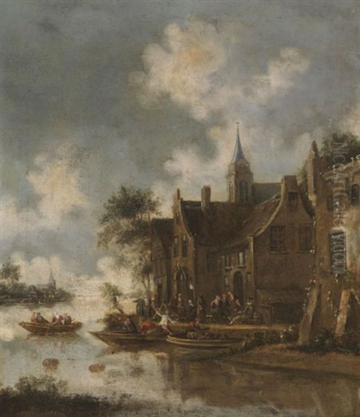 Flusslandschaft Mit Fahrbooten Oil Painting by Thomas Heeremans