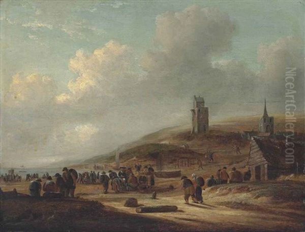 The Beach At Scheveningen, With Fishermen Selling Their Catch Oil Painting by Thomas Heeremans