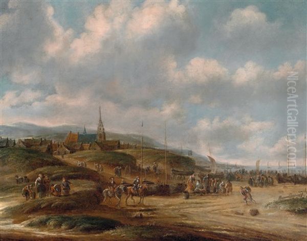 Eine Strandansicht Mit Fischern Beim Verkauf Ihres Fangs Oil Painting by Thomas Heeremans