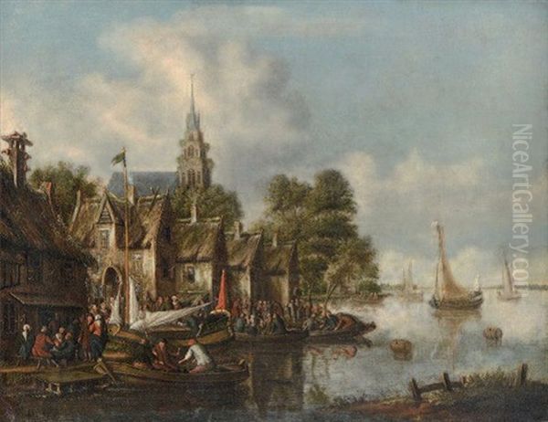 Villageois Au Bord D'une Riviere Oil Painting by Thomas Heeremans