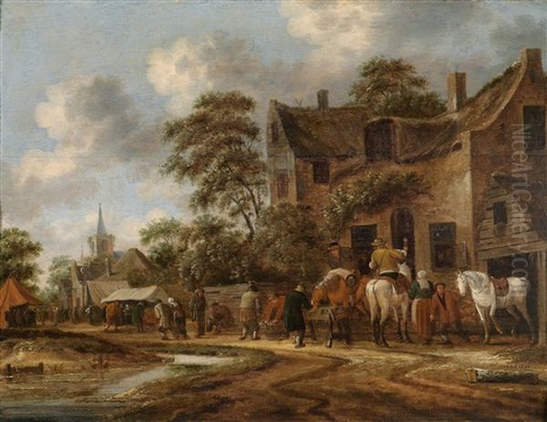 Dorfstrase Mit Reitern Vor Dem Wirtshaus Oil Painting by Thomas Heeremans