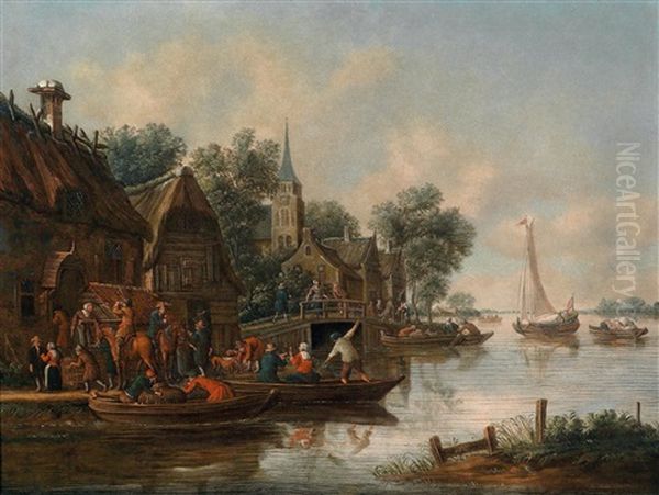 Wirtshaus Am Fluss Mit Feiernden Personen Auf Booten Oil Painting by Thomas Heeremans