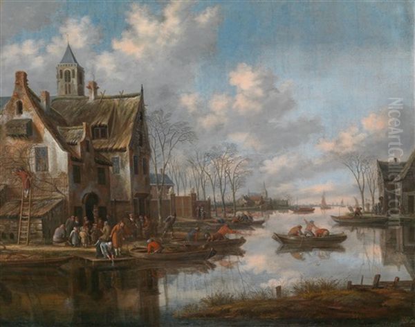 Eine Flusslandschaft Mit Fahrbooten Oil Painting by Thomas Heeremans