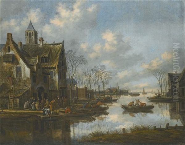 A River Landscape Beside A Village With Figures Loading Their Boats Oil Painting by Thomas Heeremans