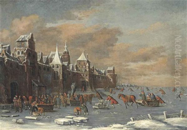 A Winter Landscape With Skaters Outside The Gates Of A City Oil Painting by Thomas Heeremans