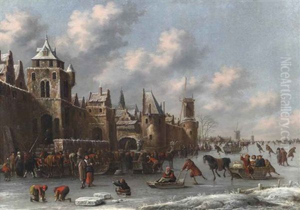 A Winter Landscape With Figures Skating And Sledging On A Frozen Moat By A Fortified Town Oil Painting by Thomas Heeremans