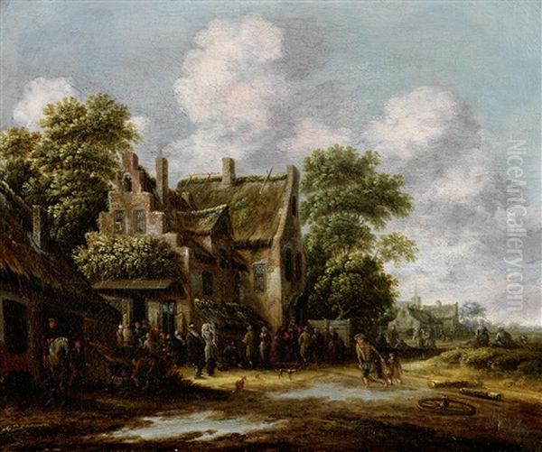 Figures Gathered Outside A Village; And Figures Gathered Outside A Church, A Landscape In The Distance (pair) Oil Painting by Thomas Heeremans