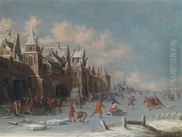 Skaters On The Ice Outside The Gates Of A Dutch City Oil Painting by Thomas Heeremans