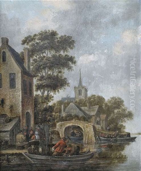 Kanallandschaft Mit Lastkahn An Einem Wirtshaus Oil Painting by Thomas Heeremans