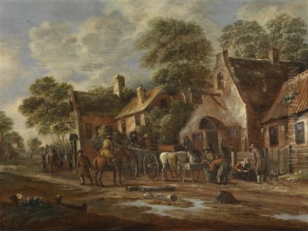 Dorfstrase Mit Pferdefuhrwerk, Einem Rastenden Reiter Und Weiteren Figuren Oil Painting by Thomas Heeremans