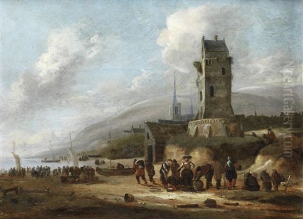 Fishermen At Work On The Beach At Katwick Oil Painting by Thomas Heeremans