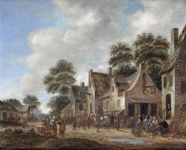 Peasants Drinking Before A Country Inn; And Horsemen Before A Country Inn (pair) Oil Painting by Thomas Heeremans