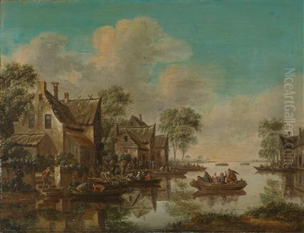 Ein Dorf An Einem Fluss Mit Booten Und Vielen Figuren Oil Painting by Thomas Heeremans