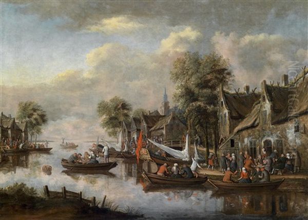 Flusslandschaft Mit Einem Dorf Und Vielen Booten Mit Zahlreichen Personen Oil Painting by Thomas Heeremans