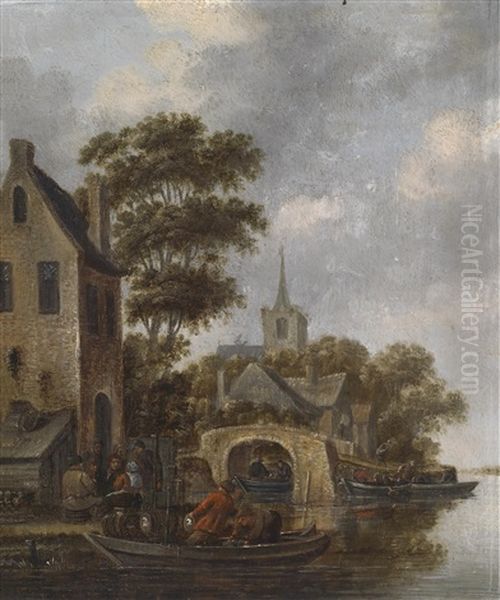 Flusslandschaft Mit Einem Fahrboot Oil Painting by Thomas Heeremans