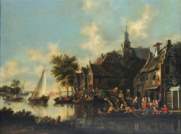 Scene De Village Au Bord Du Fleuve: L'embarcadere by Thomas Heeremans