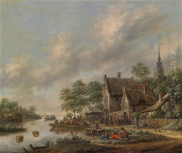 Flusslandschaft Mit Einem Am Ufer Stattfindenden Dorffest Oil Painting by Thomas Heeremans