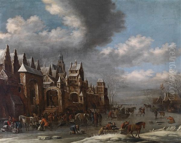 Winterlandschaft Mit Vielen Figuren, Pferden, Schlitten Und Eislaufern Vor Einer Befestigten Stadt Oil Painting by Thomas Heeremans