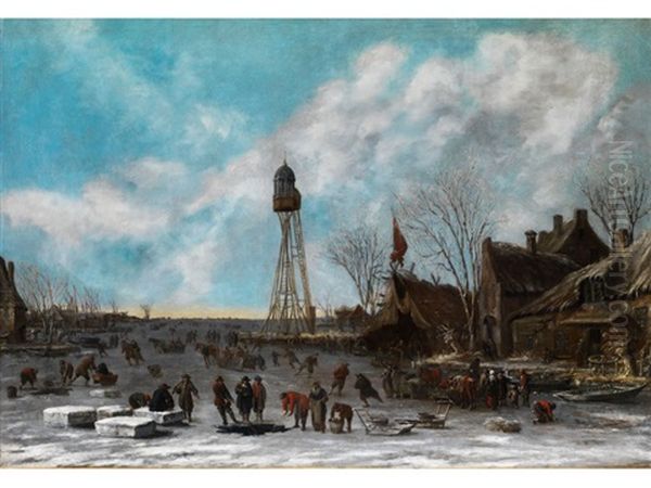 Winterliches Eisvergnugen Unter Einem Hohen Leuchtturm Auf Vereister Polderbucht Oil Painting by Thomas Heeremans