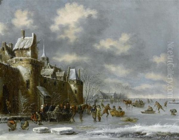 Winterlandschaft Mit Zugefrorenem See Und Schlittschuhlaufern Vor Einer Stadtmauer Oil Painting by Thomas Heeremans