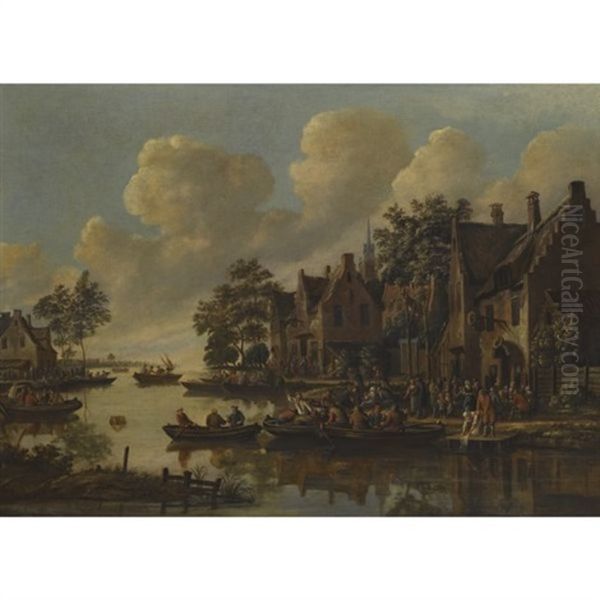 A Village On The Banks Of A River With Numerous People Drinking Outside An Inn Oil Painting by Thomas Heeremans