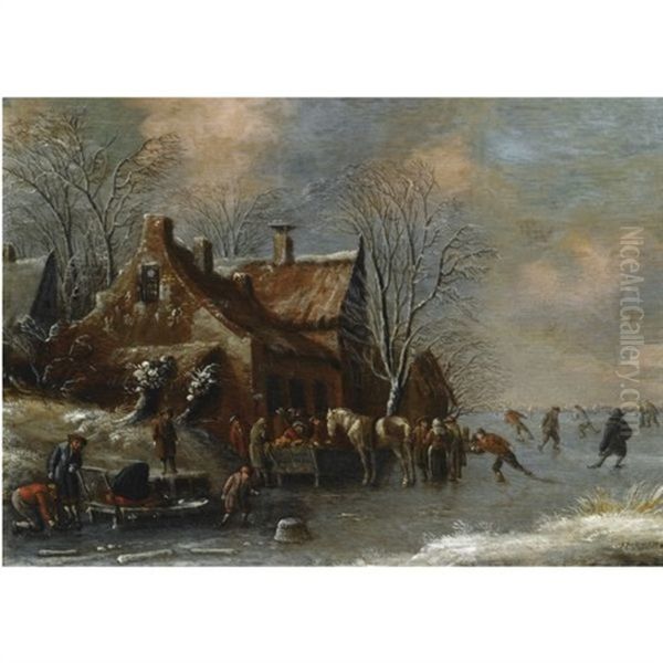 A Winter Landscape With Figures Skating On A Frozen River, Others Conversing And Feeding A Horse Outside A Village Oil Painting by Thomas Heeremans